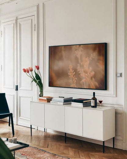 Texas Wild by Nathan Larson. shown as a framed stretched canvas in a living room above a console. Available as a archival giclee rolled canvas, fine art paper, or poster print. SKU 71621i.