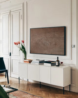 Textural II by Nathan Larson. shown as a framed stretched canvas in a living room above a console. Available as a archival giclee rolled canvas, fine art paper, or poster print. SKU 85842i.