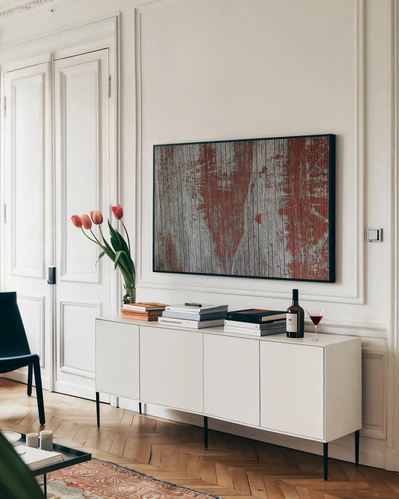 Textural VI by Nathan Larson. shown as a framed stretched canvas in a living room above a console. Available as a archival giclee rolled canvas, fine art paper, or poster print. SKU 85846i.