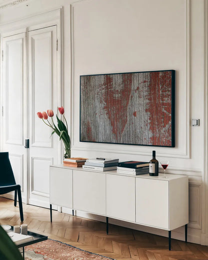 Textural VI by Nathan Larson. shown as a framed stretched canvas in a living room above a console. Available as a archival giclee rolled canvas, fine art paper, or poster print. SKU 85846i.