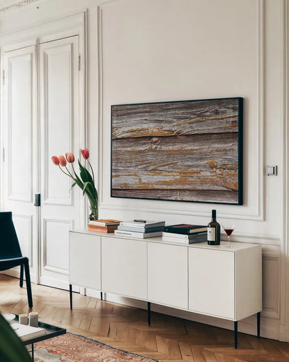 Textural XI by Nathan Larson. shown as a framed stretched canvas in a living room above a console. Available as a archival giclee rolled canvas, fine art paper, or poster print. SKU 85851i.