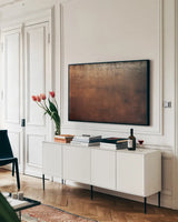 Textural XIX by Nathan Larson. shown as a framed stretched canvas in a living room above a console. Available as a archival giclee rolled canvas, fine art paper, or poster print. SKU 85867i.