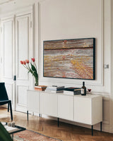 Textural XVI by Nathan Larson. shown as a framed stretched canvas in a living room above a console. Available as a archival giclee rolled canvas, fine art paper, or poster print. SKU 85856i.