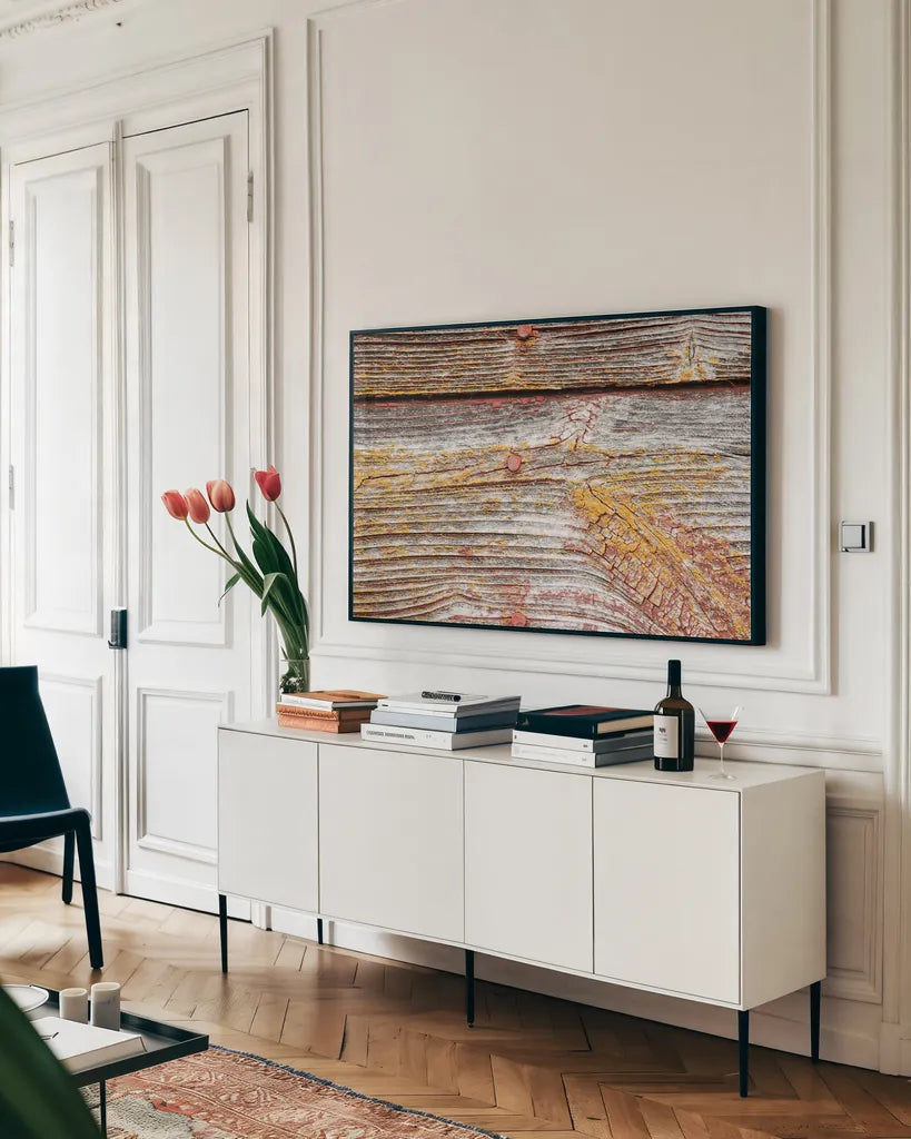 Textural XVI by Nathan Larson. shown as a framed stretched canvas in a living room above a console. Available as a archival giclee rolled canvas, fine art paper, or poster print. SKU 85856i.