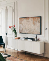 Textural XVII by Nathan Larson. shown as a framed stretched canvas in a living room above a console. Available as a archival giclee rolled canvas, fine art paper, or poster print. SKU 85865i.