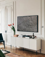 Textural XXI by Nathan Larson. shown as a framed stretched canvas in a living room above a console. Available as a archival giclee rolled canvas, fine art paper, or poster print. SKU 85869i.