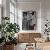 Thoughtful Bear BW by Nathan Larson. shown as a print in a natural wood frame in a dining room. Available as a archival giclee rolled canvas, fine art paper, or poster print. SKU 100758h.
