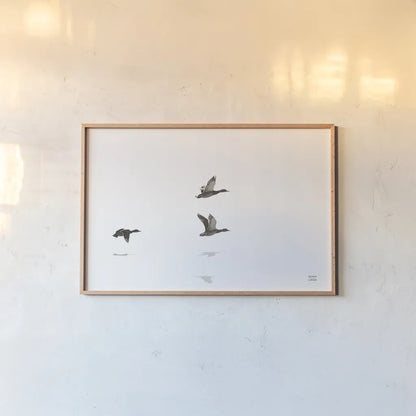 Three Departing by Nathan Larson. shown as a paper print in a natural frame. Available as a archival giclee rolled canvas, fine art paper, or poster print. SKU 77894i.