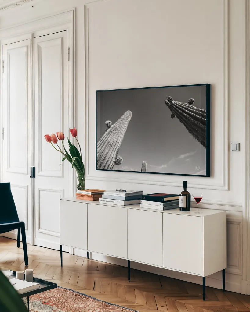 Three Kings by Nathan Larson. shown as a framed stretched canvas in a living room above a console. Available as a archival giclee rolled canvas, fine art paper, or poster print. SKU 73713i.