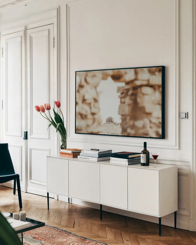 Through Ruins by Nathan Larson. shown as a framed stretched canvas in a living room above a console. Available as a archival giclee rolled canvas, fine art paper, or poster print. SKU 81817i.