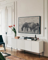 Together BW by Nathan Larson. shown as a framed stretched canvas in a living room above a console. Available as a archival giclee rolled canvas, fine art paper, or poster print. SKU 98711i.