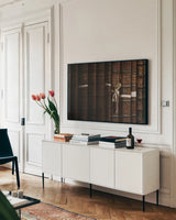 Trinity I by Nathan Larson. shown as a framed stretched canvas in a living room above a console. Available as a archival giclee rolled canvas, fine art paper, or poster print. SKU 101212i.
