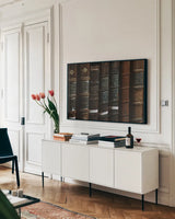 Trinity IV by Nathan Larson. shown as a framed stretched canvas in a living room above a console. Available as a archival giclee rolled canvas, fine art paper, or poster print. SKU 101218i.