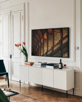 Trinity Library Design by Nathan Larson. shown as a framed stretched canvas in a living room above a console. Available as a archival giclee rolled canvas, fine art paper, or poster print. SKU 103687i.
