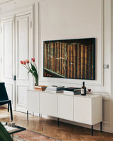 Trinity Library I by Nathan Larson. shown as a framed stretched canvas in a living room above a console. Available as a archival giclee rolled canvas, fine art paper, or poster print. SKU 103685i.