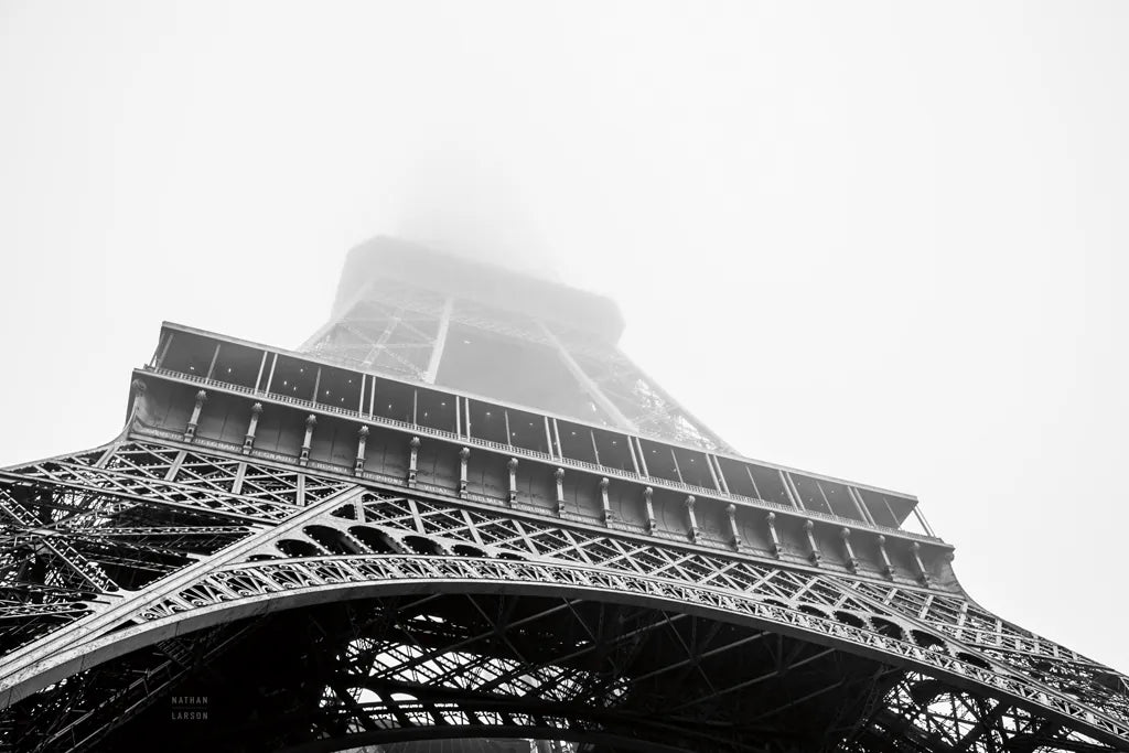 Under Eiffel Misty Day by Nathan Larson. SKU 82299i. Archival Giclee Fine art print for wall decor.