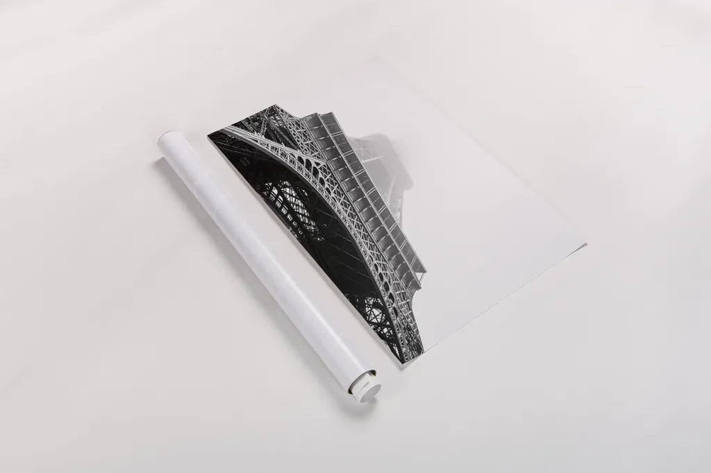 Under Eiffel Misty Day by Nathan Larson. shown as a rolled paper print. Available as archival giclee rolled canvas, fine art paper, or poster print. SKU 82299i.