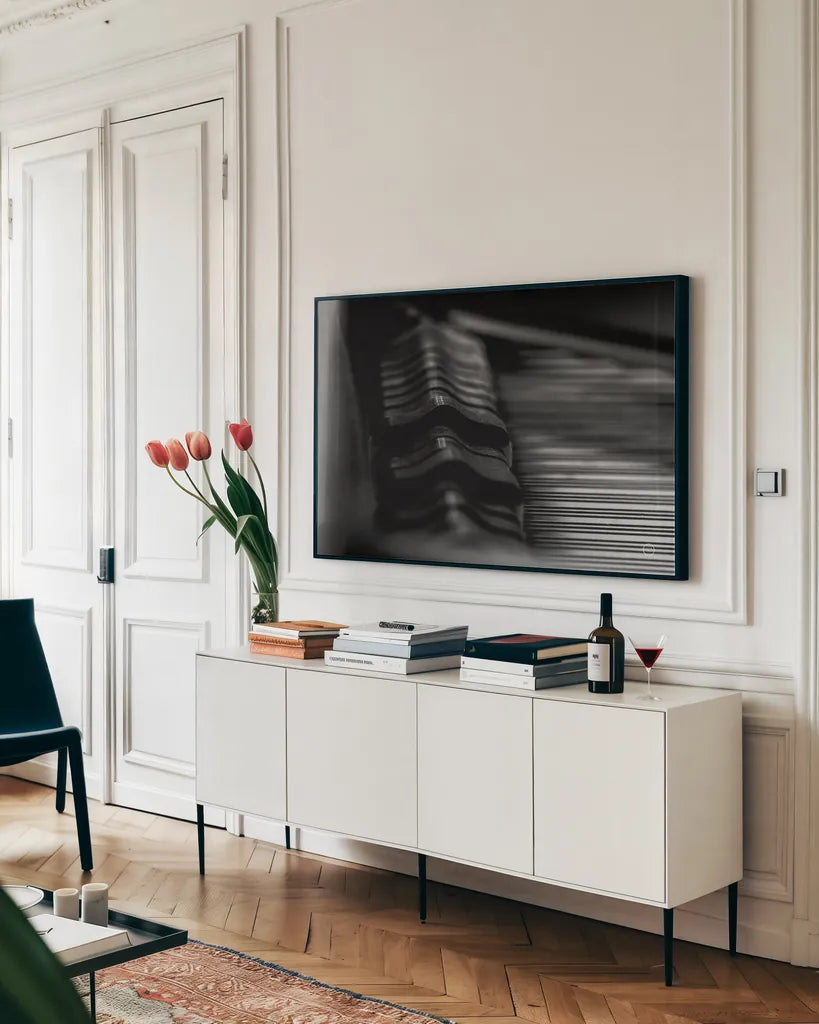 Under the Hood BW by Nathan Larson. shown as a framed stretched canvas in a living room above a console. Available as a archival giclee rolled canvas, fine art paper, or poster print. SKU 76317i.