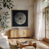Urchin Still Life I by Nathan Larson. Shown in a natural wood frame in a cozy modern living room. Available as an archival giclee rolled canvas, fine art paper, or poster print. SKU 97310a.
