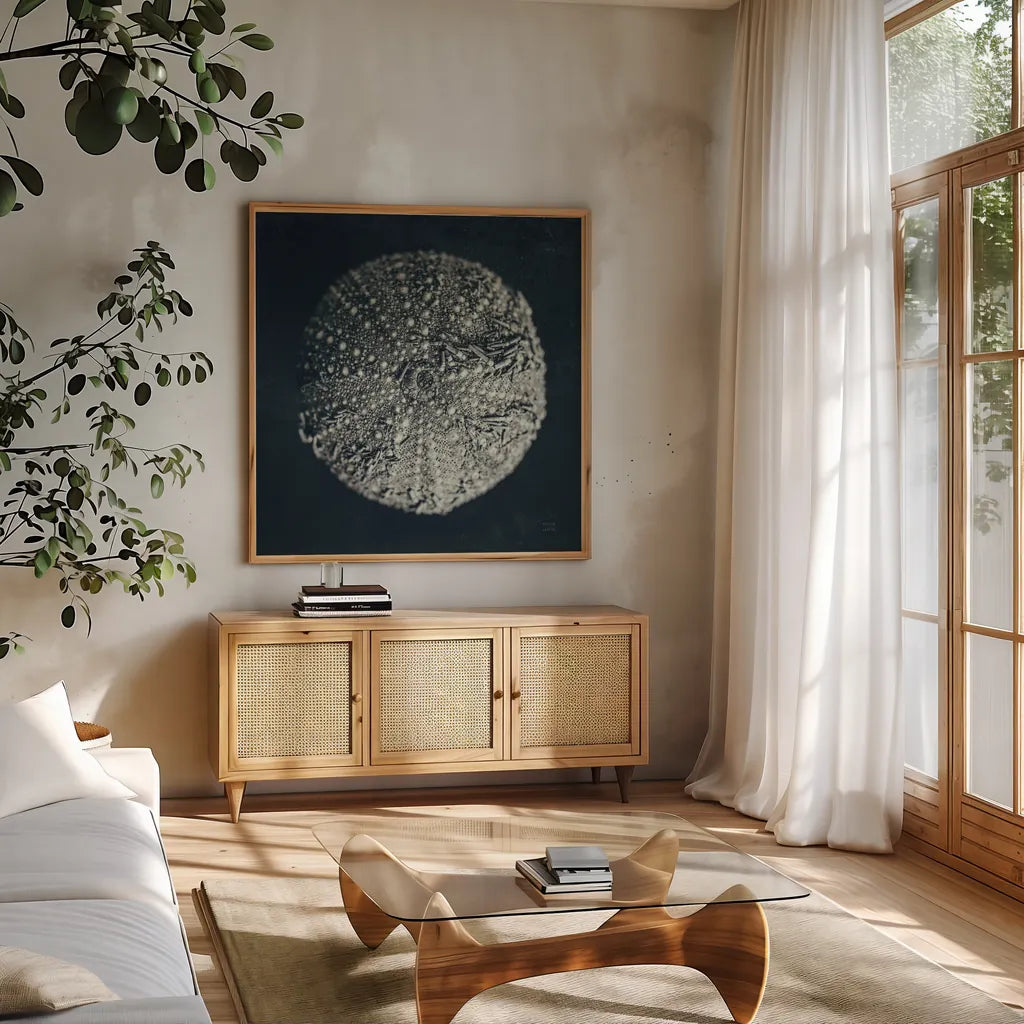 Urchin Still Life II by Nathan Larson. Shown in a natural wood frame in a cozy modern living room. Available as an archival giclee rolled canvas, fine art paper, or poster print. SKU 97311a.