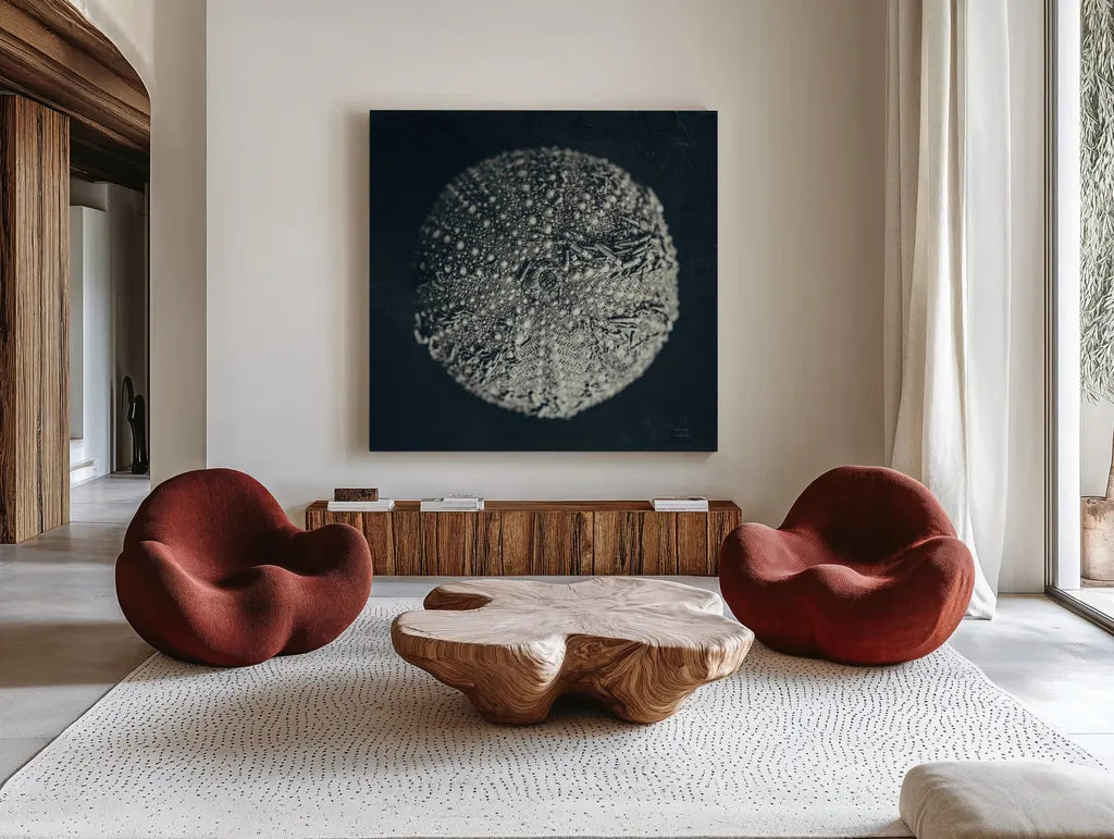 Urchin Still Life II by Nathan Larson. Shown as extra-large giant wall art in a modern living room. Available as an archival giclee rolled canvas, fine art paper, or poster print. SKU 97311a.