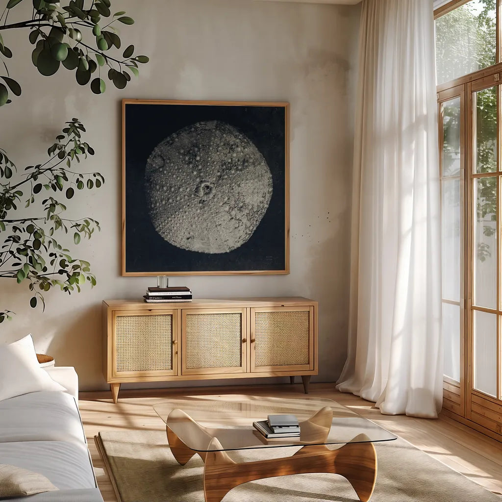 Urchin Still Life III by Nathan Larson. Shown in a natural wood frame in a cozy modern living room. Available as an archival giclee rolled canvas, fine art paper, or poster print. SKU 97312a.