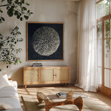 Urchin Still Life IV by Nathan Larson. Shown in a natural wood frame in a cozy modern living room. Available as an archival giclee rolled canvas, fine art paper, or poster print. SKU 97313a.