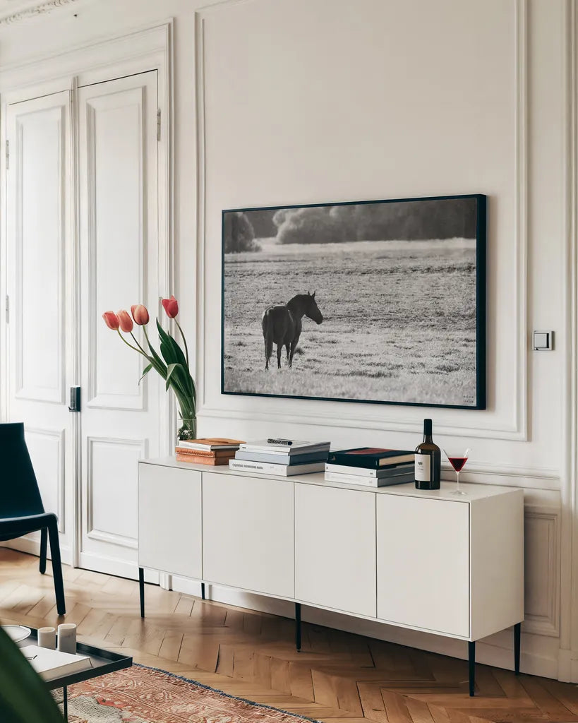 Waiting by Nathan Larson. shown as a framed stretched canvas in a living room above a console. Available as a archival giclee rolled canvas, fine art paper, or poster print. SKU 99370i.