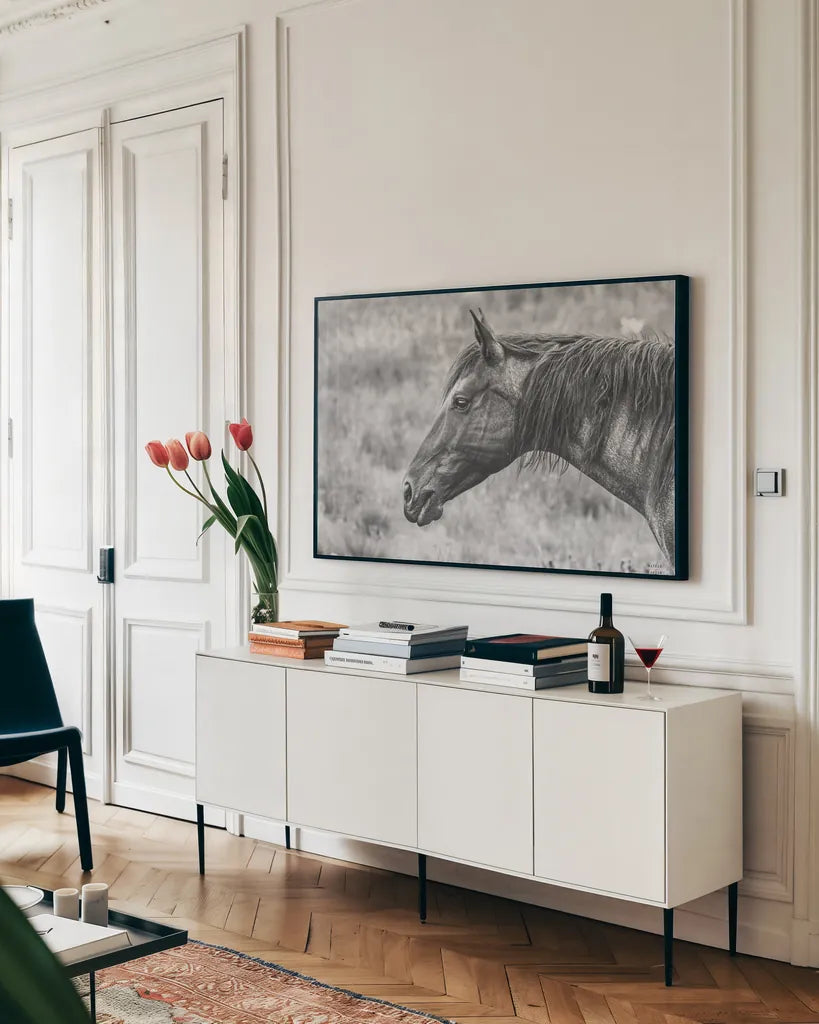 Watchful BW by Nathan Larson. shown as a framed stretched canvas in a living room above a console. Available as a archival giclee rolled canvas, fine art paper, or poster print. SKU 99203i.