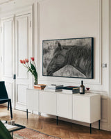 Watchful Dream by Nathan Larson. shown as a framed stretched canvas in a living room above a console. Available as a archival giclee rolled canvas, fine art paper, or poster print. SKU 99204i.