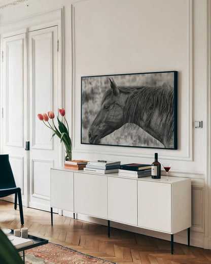 Watchful Dream by Nathan Larson. shown as a framed stretched canvas in a living room above a console. Available as a archival giclee rolled canvas, fine art paper, or poster print. SKU 99204i.