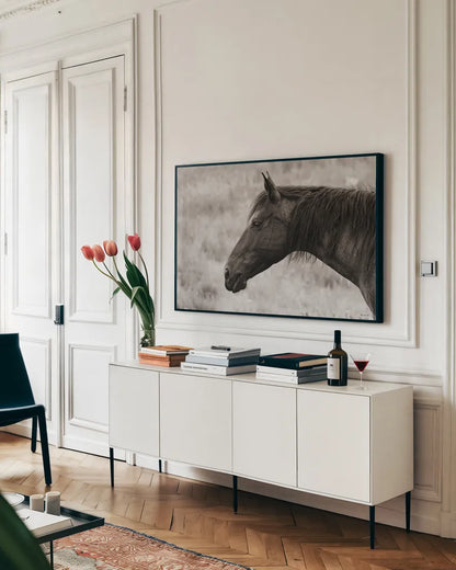 Watchful Sepia by Nathan Larson. shown as a framed stretched canvas in a living room above a console. Available as a archival giclee rolled canvas, fine art paper, or poster print. SKU 99202i.