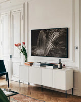 Water Light I Sepia by Nathan Larson. shown as a framed stretched canvas in a living room above a console. Available as a archival giclee rolled canvas, fine art paper, or poster print. SKU 103793i.