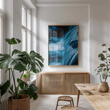 Water Light II by Nathan Larson. shown as a print in a natural wood frame in a dining room. Available as a archival giclee rolled canvas, fine art paper, or poster print. SKU 103794h.