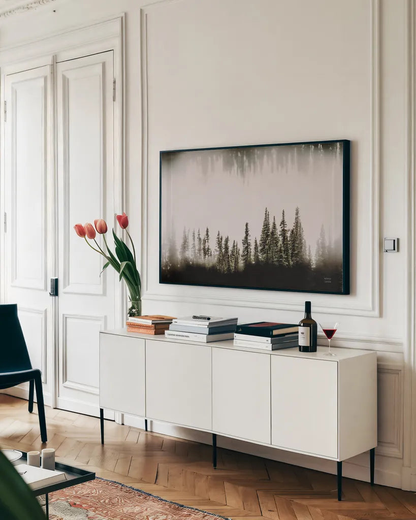 Waterwood by Nathan Larson. shown as a framed stretched canvas in a living room above a console. Available as a archival giclee rolled canvas, fine art paper, or poster print. SKU 90446i.