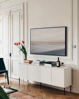 Waves Move Me I by Nathan Larson. shown as a framed stretched canvas in a living room above a console. Available as a archival giclee rolled canvas, fine art paper, or poster print. SKU 70532i.