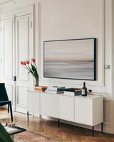 Waves Move Me II by Nathan Larson. shown as a framed stretched canvas in a living room above a console. Available as a archival giclee rolled canvas, fine art paper, or poster print. SKU 70533i.
