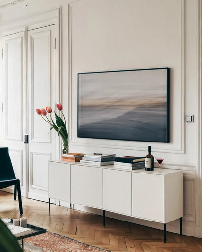 Waves Move Me III by Nathan Larson. shown as a framed stretched canvas in a living room above a console. Available as a archival giclee rolled canvas, fine art paper, or poster print. SKU 70534i.