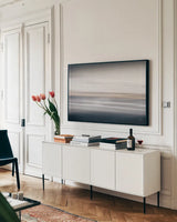 Waves Move Me IV by Nathan Larson. shown as a framed stretched canvas in a living room above a console. Available as a archival giclee rolled canvas, fine art paper, or poster print. SKU 70535i.