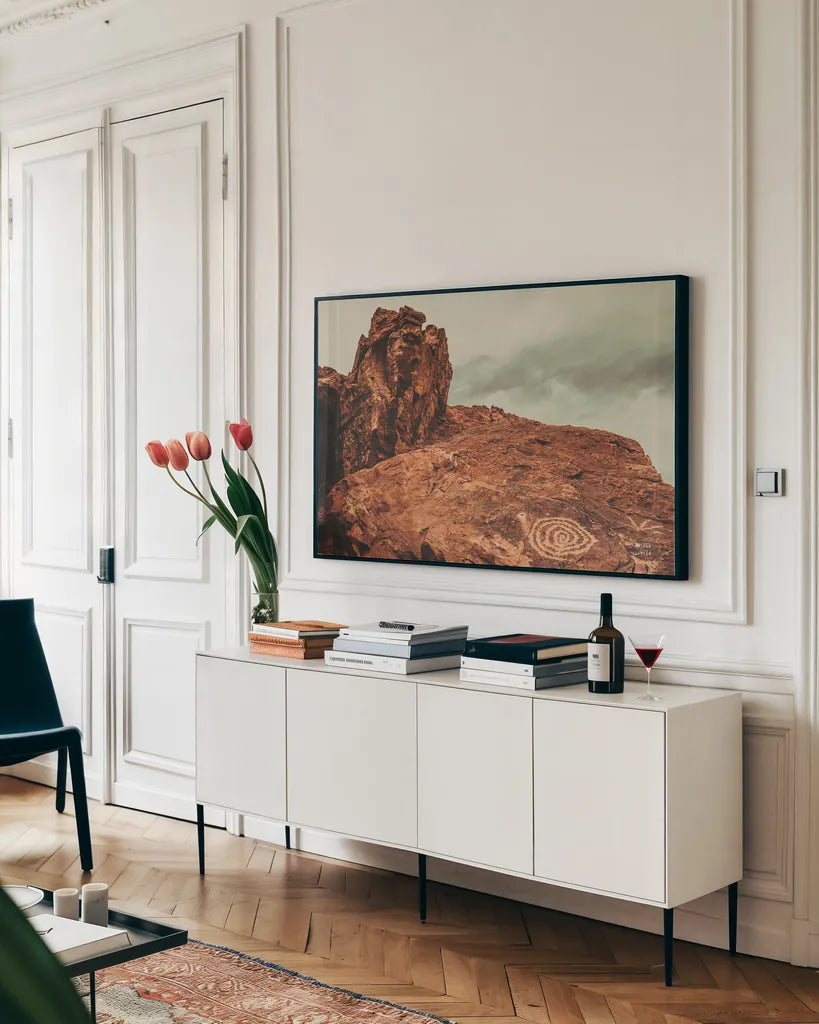 Welcome IV by Nathan Larson. shown as a framed stretched canvas in a living room above a console. Available as a archival giclee rolled canvas, fine art paper, or poster print. SKU 82428i.