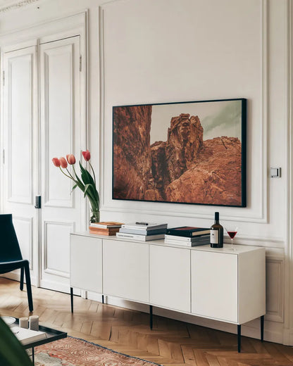 Welcome V by Nathan Larson. shown as a framed stretched canvas in a living room above a console. Available as a archival giclee rolled canvas, fine art paper, or poster print. SKU 82429i.