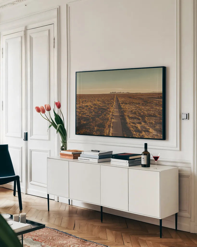 Welcome VI by Nathan Larson. shown as a framed stretched canvas in a living room above a console. Available as a archival giclee rolled canvas, fine art paper, or poster print. SKU 82430i.