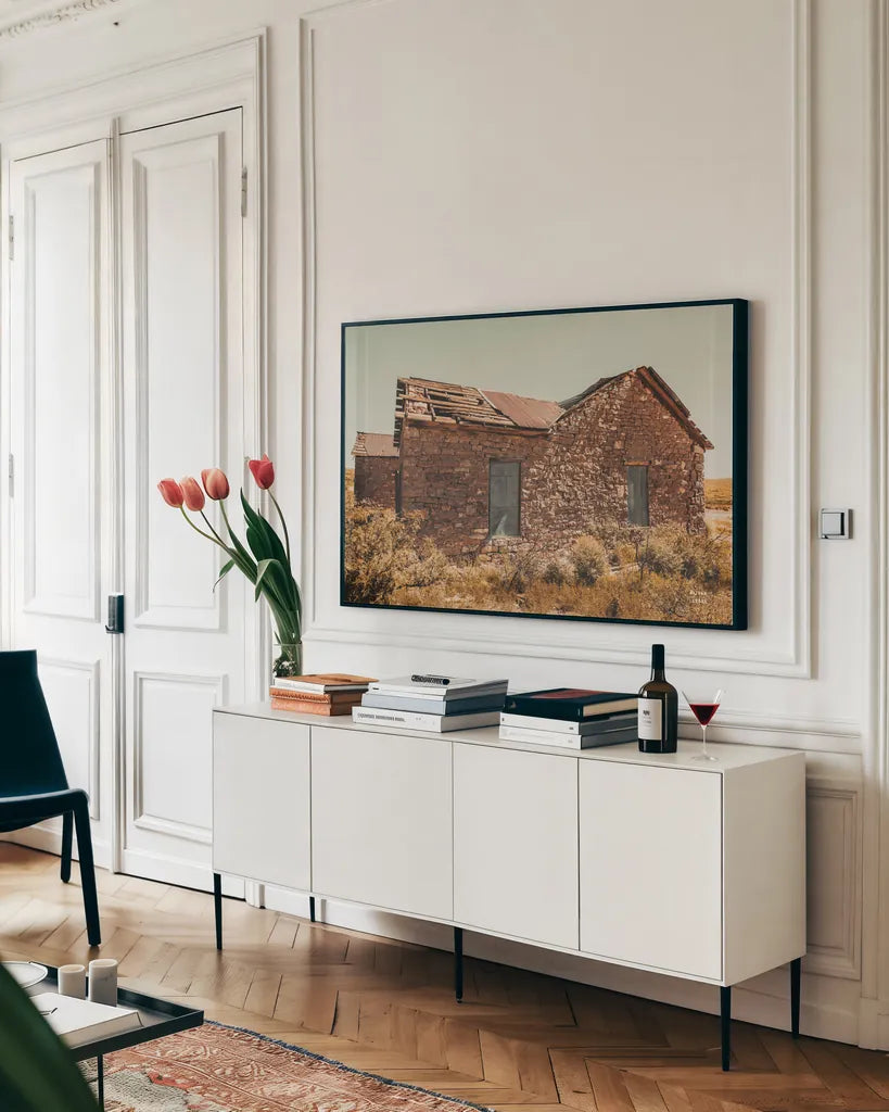 Welcome VII by Nathan Larson. shown as a framed stretched canvas in a living room above a console. Available as a archival giclee rolled canvas, fine art paper, or poster print. SKU 82431i.