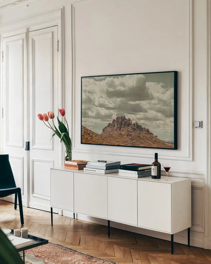 Welcome VIII by Nathan Larson. shown as a framed stretched canvas in a living room above a console. Available as a archival giclee rolled canvas, fine art paper, or poster print. SKU 82432i.