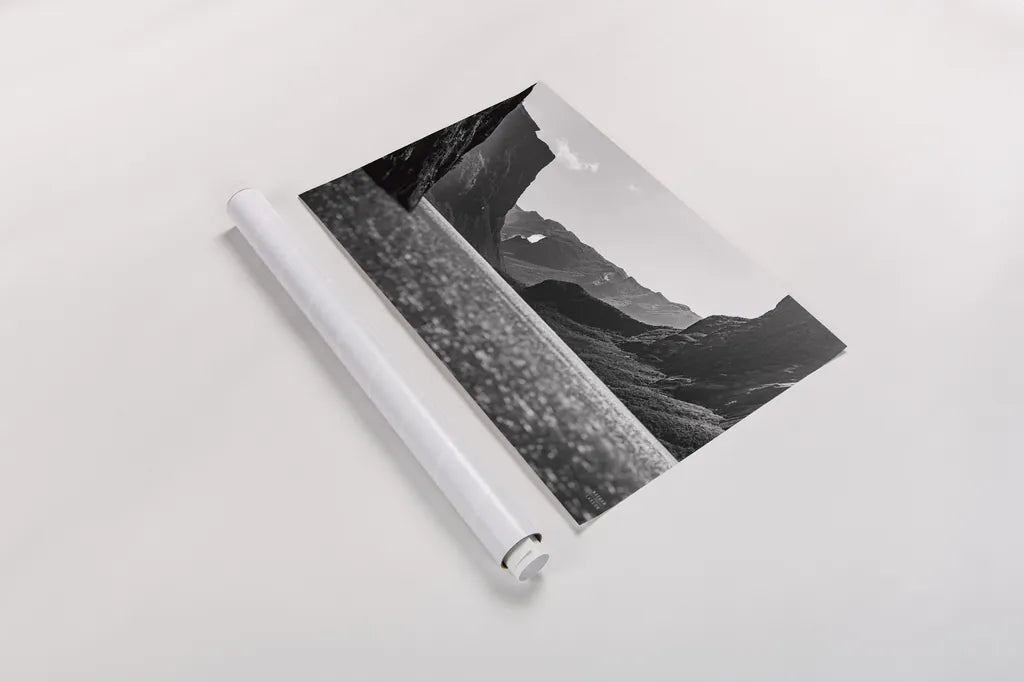 Western Brook Pond BW by Nathan Larson. shown as a rolled paper print. Available as archival giclee rolled canvas, fine art paper, or poster print. SKU 101662i.