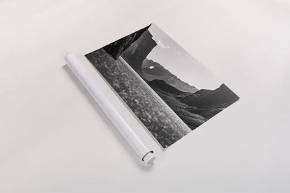 Western Brook Pond BW by Nathan Larson. shown as a rolled paper print. Available as archival giclee rolled canvas, fine art paper, or poster print. SKU 101662i.