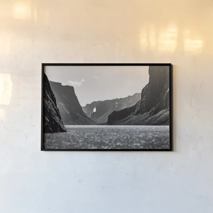 Western Brook Pond BW by Nathan Larson. shown as a paper print in a black flame. Available as a archival giclee rolled canvas, fine art paper, or poster print. SKU 101662i.