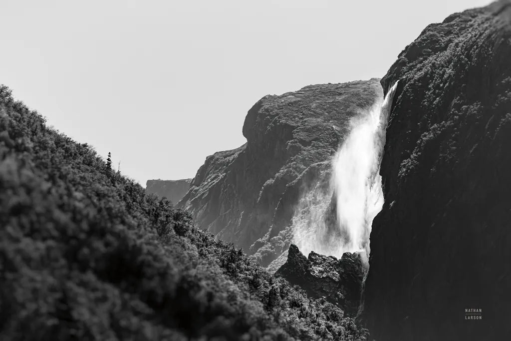 Western Brook Pond Falls BW by Nathan Larson. SKU 101659i. Archival Giclee Fine art print for wall decor.