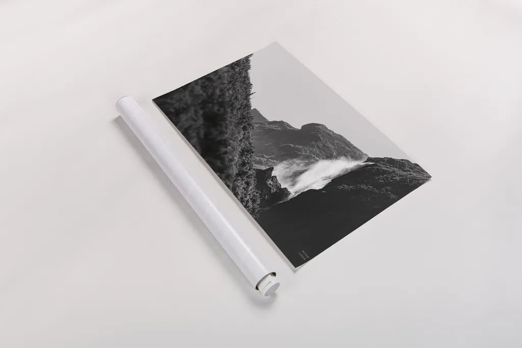 Western Brook Pond Falls BW by Nathan Larson. shown as a rolled paper print. Available as archival giclee rolled canvas, fine art paper, or poster print. SKU 101659i.