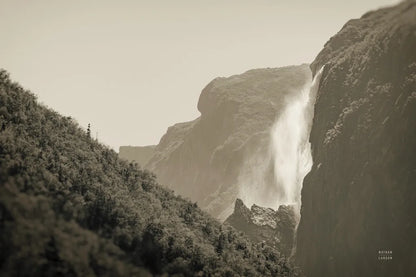 Western Brook Pond Falls Sepia by Nathan Larson. SKU 101658i. Archival Giclee Fine art print for wall decor.